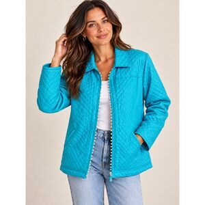 Quacker Factory 100% Silk Quilted Turquoise Rhinestone Jacket Y2K (M)